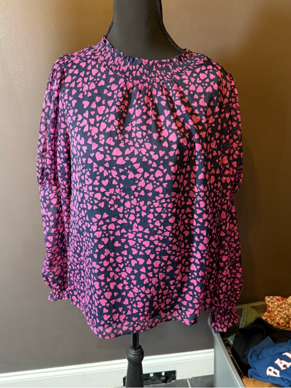 NWT LOFT Black Blouse with Pink Heart Print